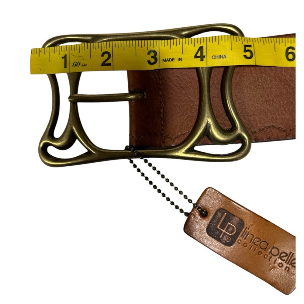 Linea Pelle Vintage Wide Brown Leather Belt Brass Design Large - Picture 5 of 14